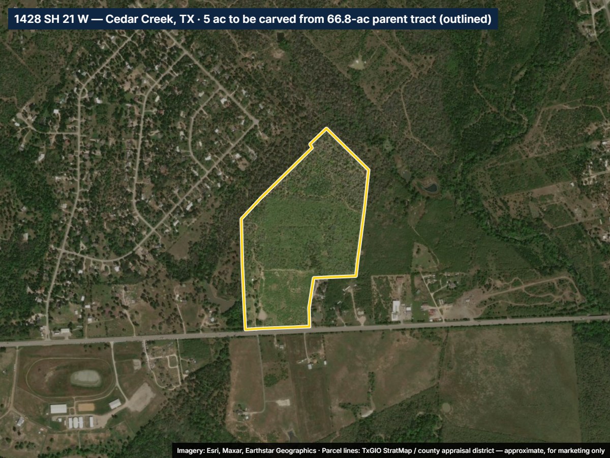 C-Store Site — 1428 SH 21 W, Cedar Creek — 5 Acres, Price Reduced to $1.5M
