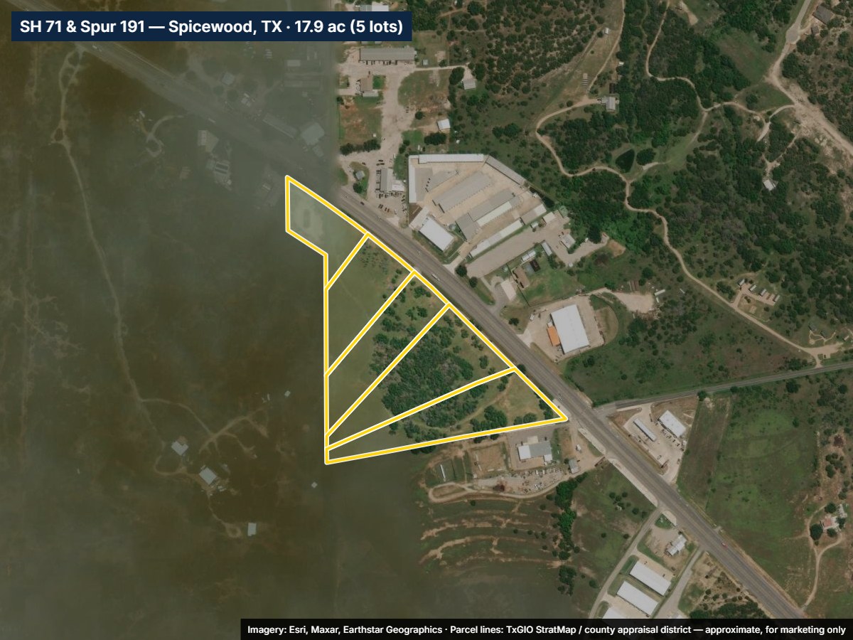 C-Store Site — SH 71 & Spur 191 (Signalized Corner), Spicewood — 17.9 Acres